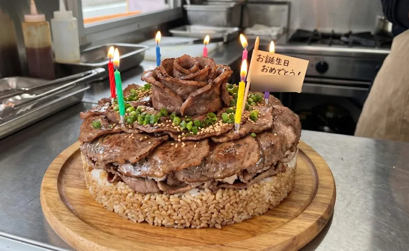 ろうそくを立てたお祝いの佐賀牛 肉ケーキ。てっぺんに佐賀牛のバラ